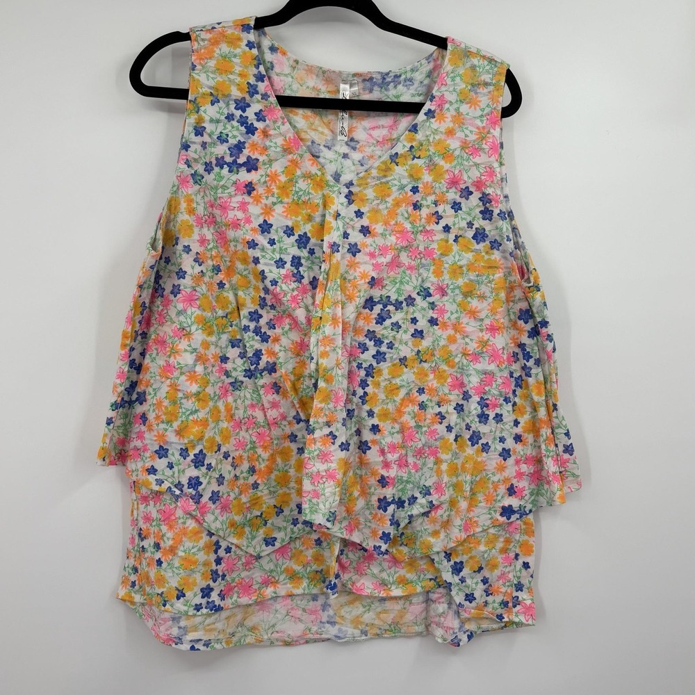 Lulu B Tunic Tank Womens XL Multicolor Floral V-Neck Sleeveless Jersey Relaxed